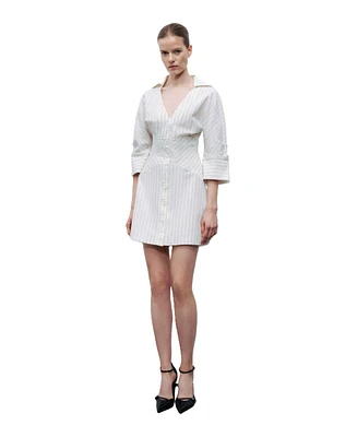 Nocturne Women's Corset-Inspired Linen Blend Striped Shirt Dress