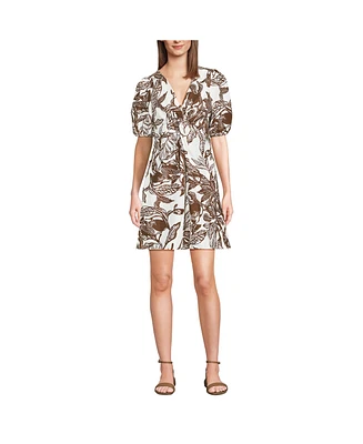 Lands' End Women's Linen Above the Knee Puff Sleeve Dress