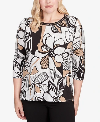 Alfred Dunner Women's Floral Leaf Embellished Top