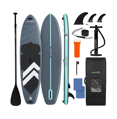 Inflatable Stand-Up Paddle-Board with Double-Action Hand Pump, 3-Piece Aluminum Sup Paddle, Leash, Removable Fin + 2 Side Fins, Repair Kit and Backpac