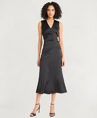Luxely Women's Satin V-Neck Sleeveless Midi Dress