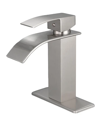 Greenspring Waterfall Single Handle Hole Low-Arc Bathroom Faucet Drip-Free Vanity Sink Matte Black & Gold