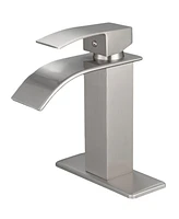 Greenspring Waterfall Single Handle Hole Low-Arc Bathroom Faucet Drip-Free Vanity Sink Matte Black & Gold