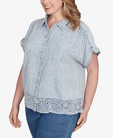 Ruby Rd. Plus Snow Washed Crochet Hem Collared Shirt