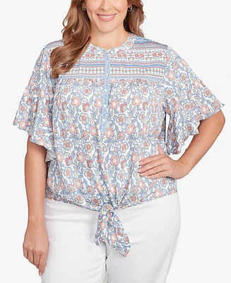 Ruby Rd. Plus Vintage Floral Tie Front Henley Top