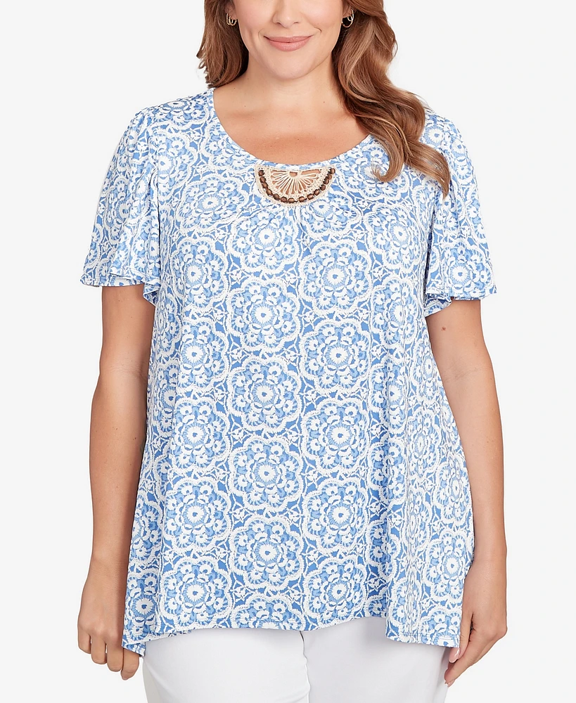 Ruby Rd. Plus Beaded Macrame Puff Print Top