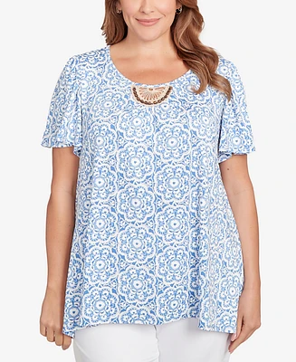 Ruby Rd. Plus Beaded Macrame Puff Print Top