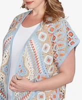 Ruby Rd. Plus Size Crochet Fringe Short Sleeve Cardigan Sweater