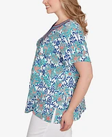 Ruby Rd. Plus Floral Overlay Ikat Embroidered Top
