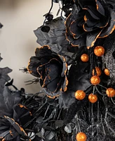 Glitzhome 7" Halloween Black Rose, Skeleton and Berry Wreath Hanger