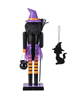 Glitzhome Halloween Wooden Witch Nutcracker with Witch Cat Ornament, Set of 2