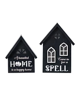 Glitzhome Lighted Halloween Wooden House-shaped Table Decor, Set of 2