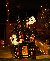 Glitzhome 61.75" Lighted Halloween Haunted House Outdoor Decor with Warm White Led Lights