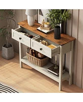 Farmhouse Style Console Table with 2 Drawer and Bottom Storage Shelf for Entryway, Rustic Side Table with Storage Drawer and Shelf for Living room, Ha