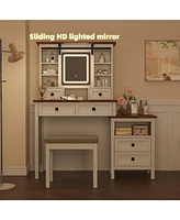 46.5'' Farmhouse Makeup Vanity Desk with Adjustible Led Lighted Mirror and Charging Station for Bedroom, Rustic Dressing Vanity Table with Side Cabine