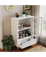 Minimalist White Buffet Cabinet with Double Glass Doors and Drawer, Modern Wooden Storage Sideboard Cupboard for Living room, Dining Room Hallway Entr