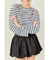 English Factory Women's Heart Embroidered Stripe T Shirt