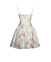 Miss Circle Women's Valda Yellow and Pink Print Linen Mini Dress with Pockets