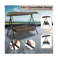 Convertible 3-Seat Patio Porch Swing Chair to Flat Bed with Adjustable Canopy