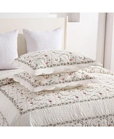 MarCielo 3Pcs 100% Cotton Embroidery Delicate Floral Quilt Bedspread Set King