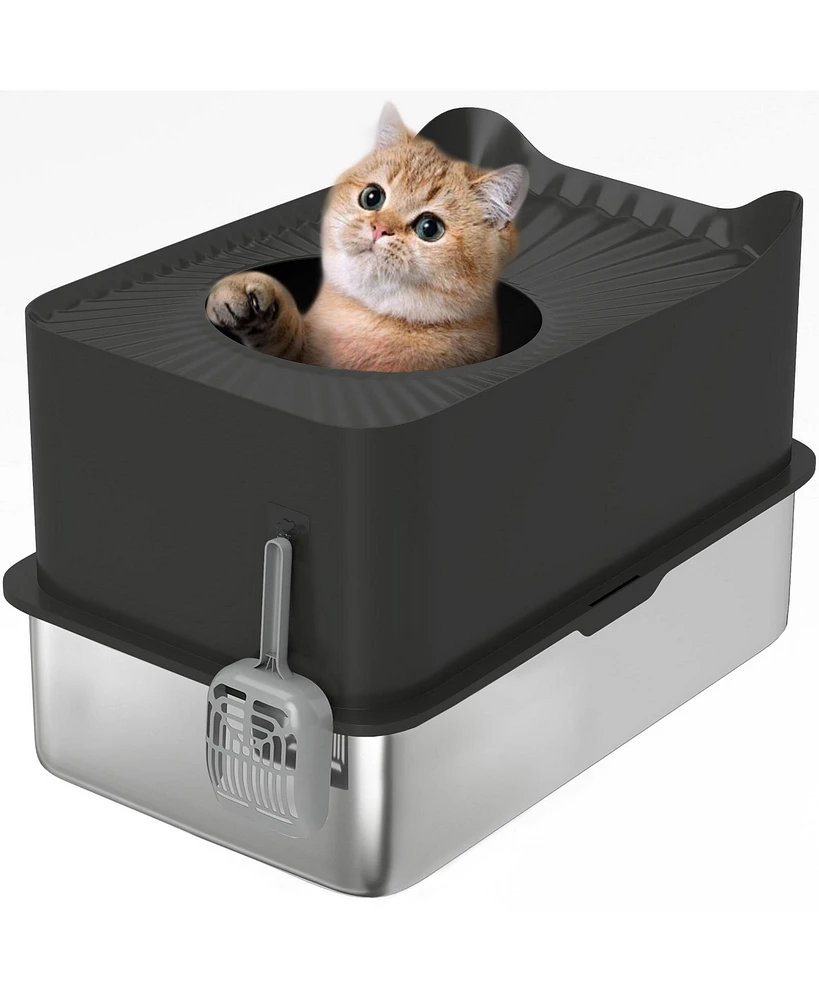 PawHut Stainless Steel Litter Box, Enclosed Litter Box with Scoop,