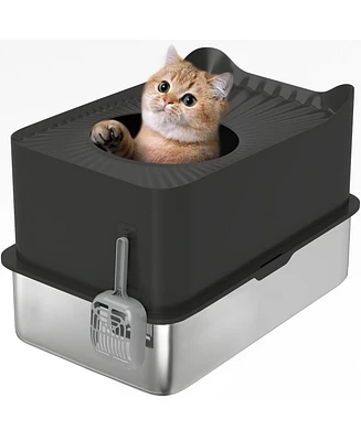 PawHut Stainless Steel Litter Box, Enclosed Litter Box with Scoop,