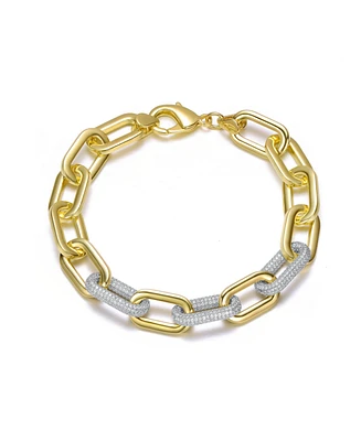 Rachel Glauber Two-Tone with Clear Cubic Zirconia Link Chain Bracelet