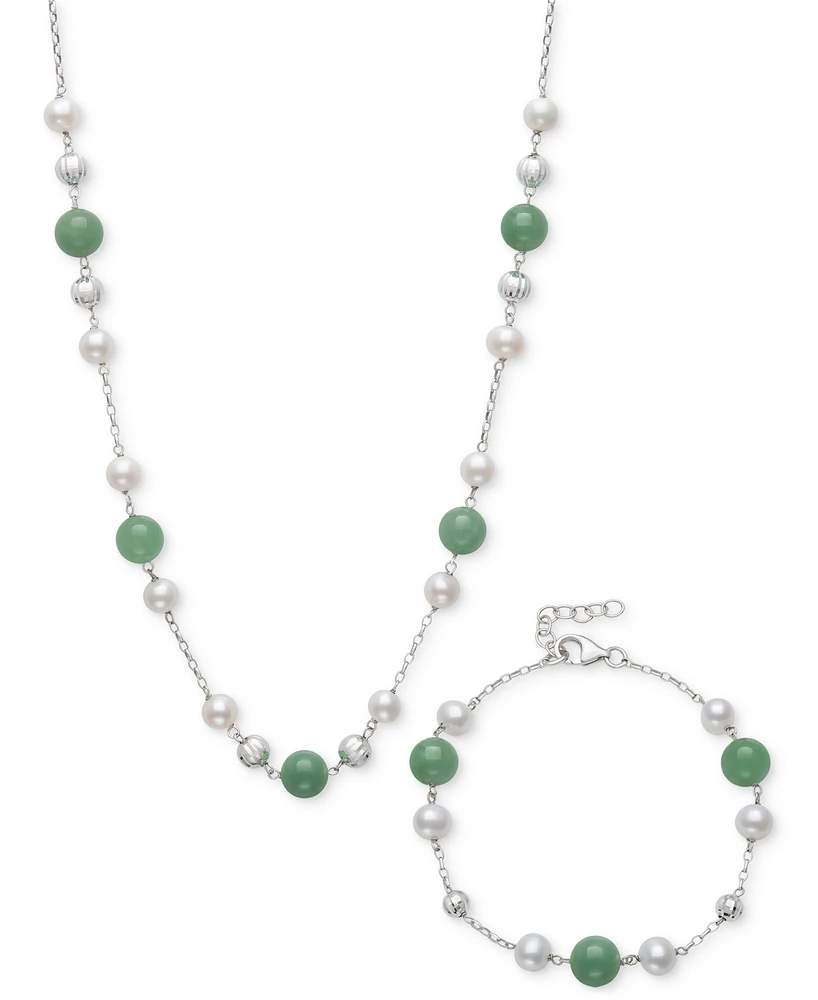 2-Pc. Set Dyed Green Jade & Cultured Freshwater Pearl (6-7mm) Collar Necklace & Bracelet in Sterling Silver