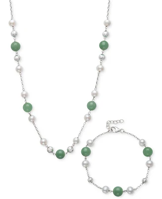 2-Pc. Set Dyed Green Jade & Cultured Freshwater Pearl (6-7mm) Collar Necklace & Bracelet in Sterling Silver
