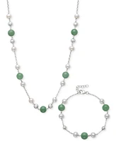 2-Pc. Set Dyed Green Jade & Cultured Freshwater Pearl (6-7mm) Collar Necklace & Bracelet in Sterling Silver