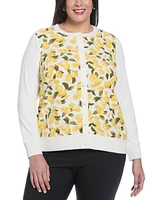 Rafaella Plus Lemon Print Woven Front Long Sleeve Cardigan Sweater