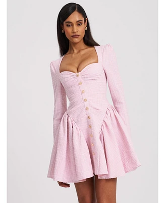 Miss Circle Women's Tae Pink Tweed Long Sleeve Drop Waist Mini Dress