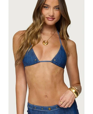 Edikted Women's Agnes Denim Printed Triangle Bikini Top