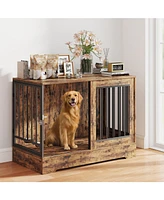 2-in-1 Wooden Dog Crate Furniture for Large Dogs, Heavy-Duty Kennel with Double Doors, Stylish End Table Design