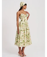 Miss Circle Women's Jacinda Green Floral Print Ruched Breast Linen Midi Dress
