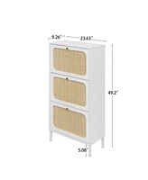 Boyel Living Rattan Shoe Storage Cabinet with 3 Flip Drawers Rattan 3 Door Shoe Rack Freestanding Modern Shoe Storage Cabinet for Entryway, White