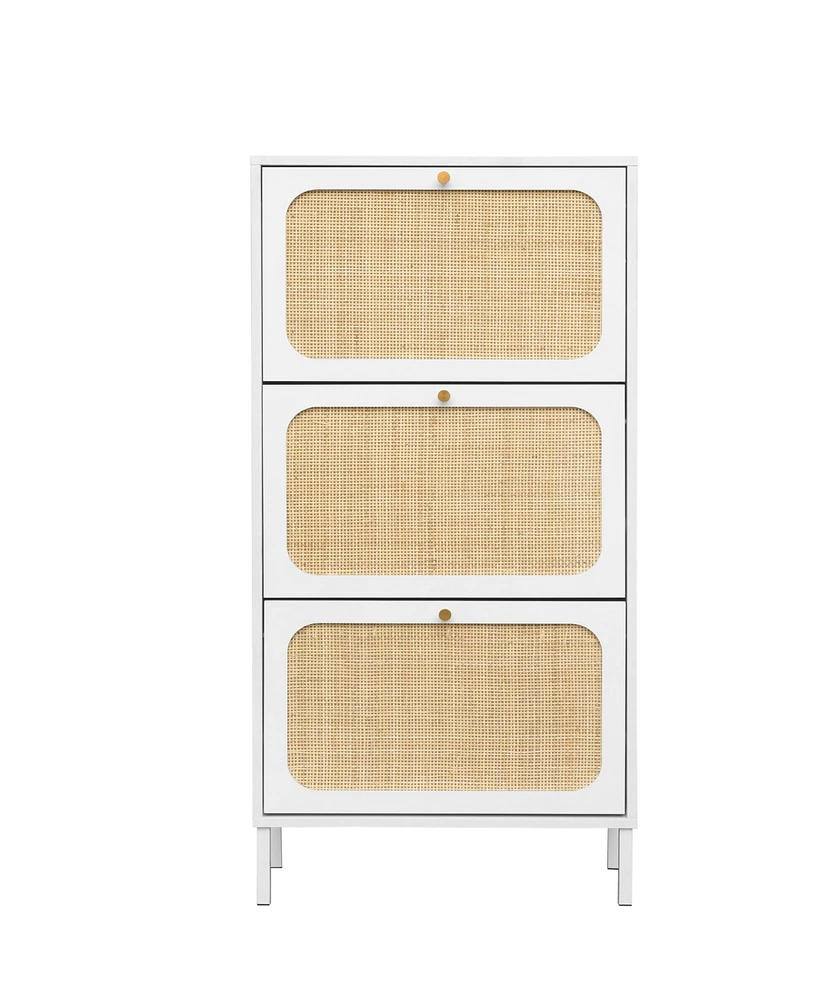 Boyel Living Rattan Shoe Storage Cabinet with 3 Flip Drawers Rattan 3 Door Shoe Rack Freestanding Modern Shoe Storage Cabinet for Entryway, White