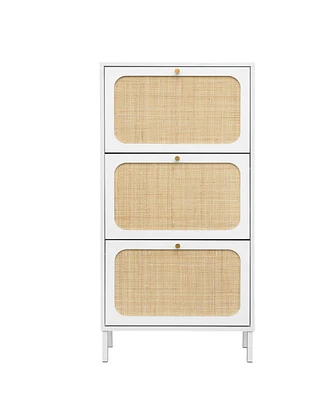Boyel Living Rattan Shoe Storage Cabinet with 3 Flip Drawers Rattan 3 Door Shoe Rack Freestanding Modern Shoe Storage Cabinet for Entryway, White