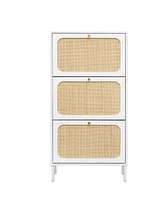 Boyel Living Rattan Shoe Storage Cabinet with 3 Flip Drawers Rattan 3 Door Shoe Rack Freestanding Modern Shoe Storage Cabinet for Entryway, White