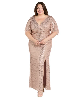 R & M Richards Plus Beaded Flutter-Sleeve Slit Gown