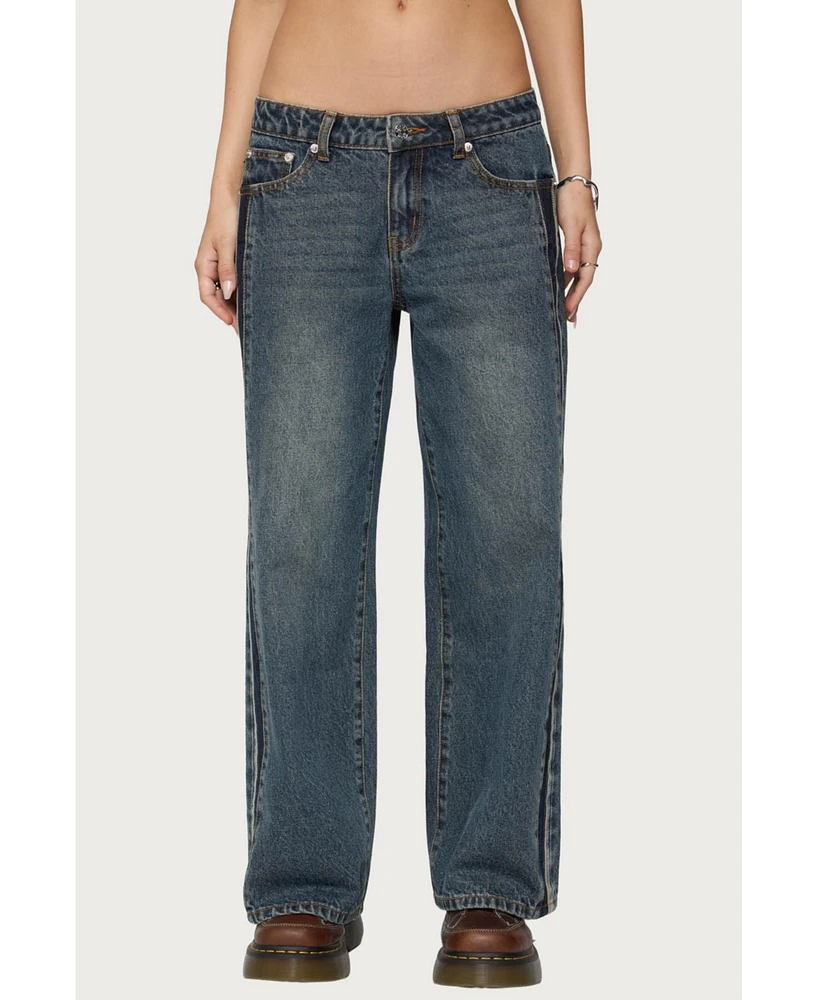 Edikted Womens Petite Contrast Panel Low Rise Jeans