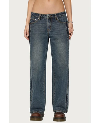 Edikted Womens Petite Contrast Panel Low Rise Jeans