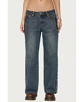 Edikted Womens Petite Contrast Panel Low Rise Jeans