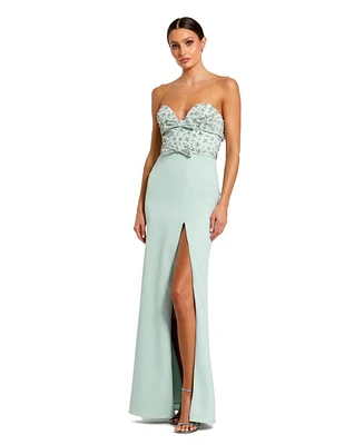 Mac Duggal Women's Elegant Crepe Gown with Embellishments and Thigh-High Slit