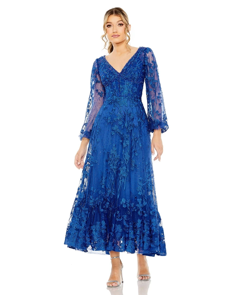 Mac Duggal Women's V Neck Mesh Puff Sleeve A Line Embellished Dress