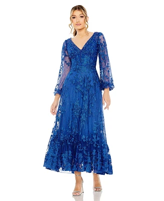 Mac Duggal Women's V Neck Mesh Puff Sleeve A Line Embellished Dress