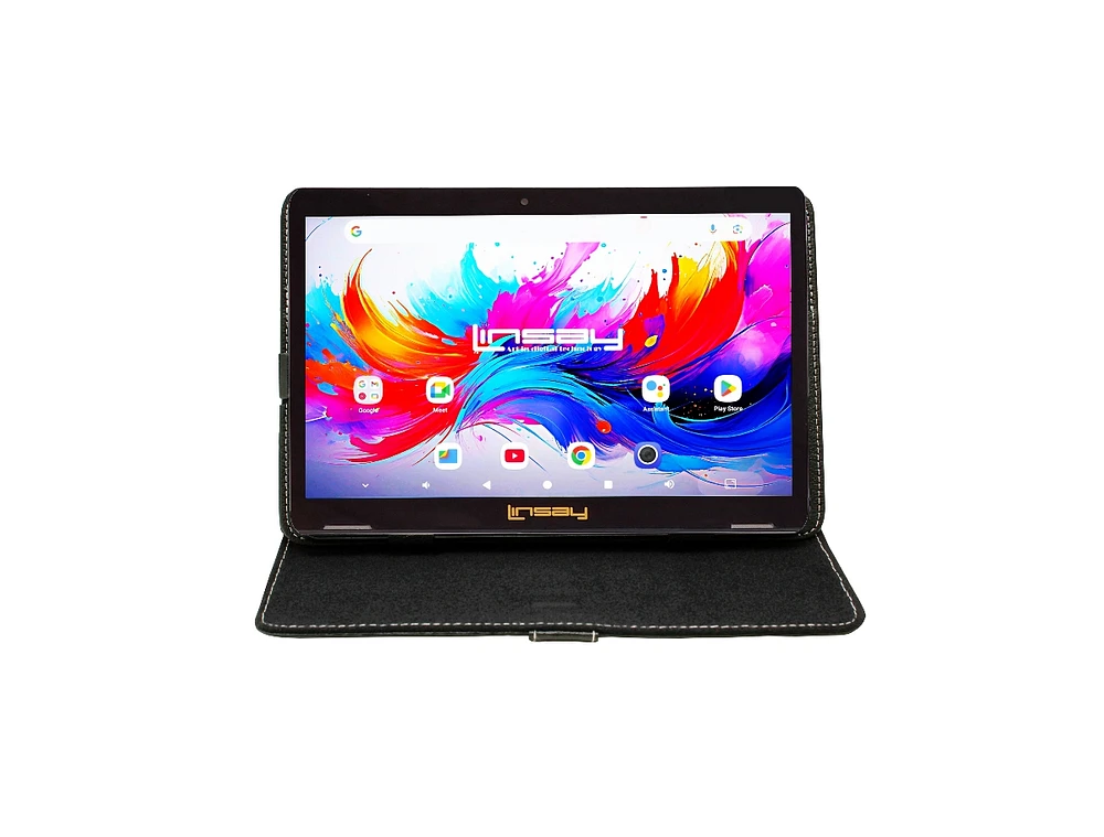 Linsay 10.1" Octa Core 256GB Storage Android 15 Tablet with Black Leather Case