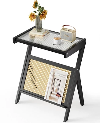 Sugift Rattan Side Table Bamboo Accent Bedside Table with Tempered Glass Top Black