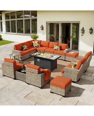 Xizzi15 Piece Outdoor Patio Furniture Sets with Fire Pit Table,Wicker Sectional Sofa with Patio Swivel Chairs,Solar Powered Coffee Table and Ottoman