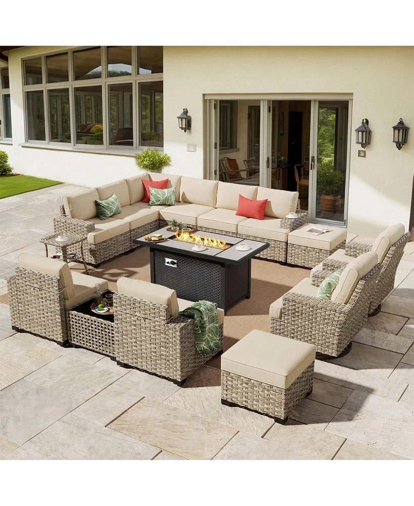 Xizzi15 Piece Outdoor Patio Furniture Sets with Fire Pit Table,Wicker Sectional Sofa Swivel Chairs,Solar Powered Coffee Table and Ottoman